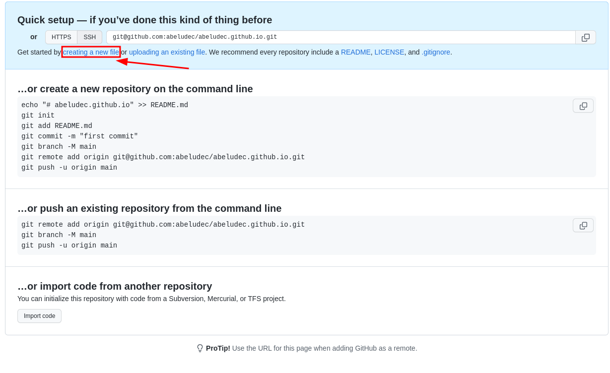 GitHub Quick setup, creating a new file